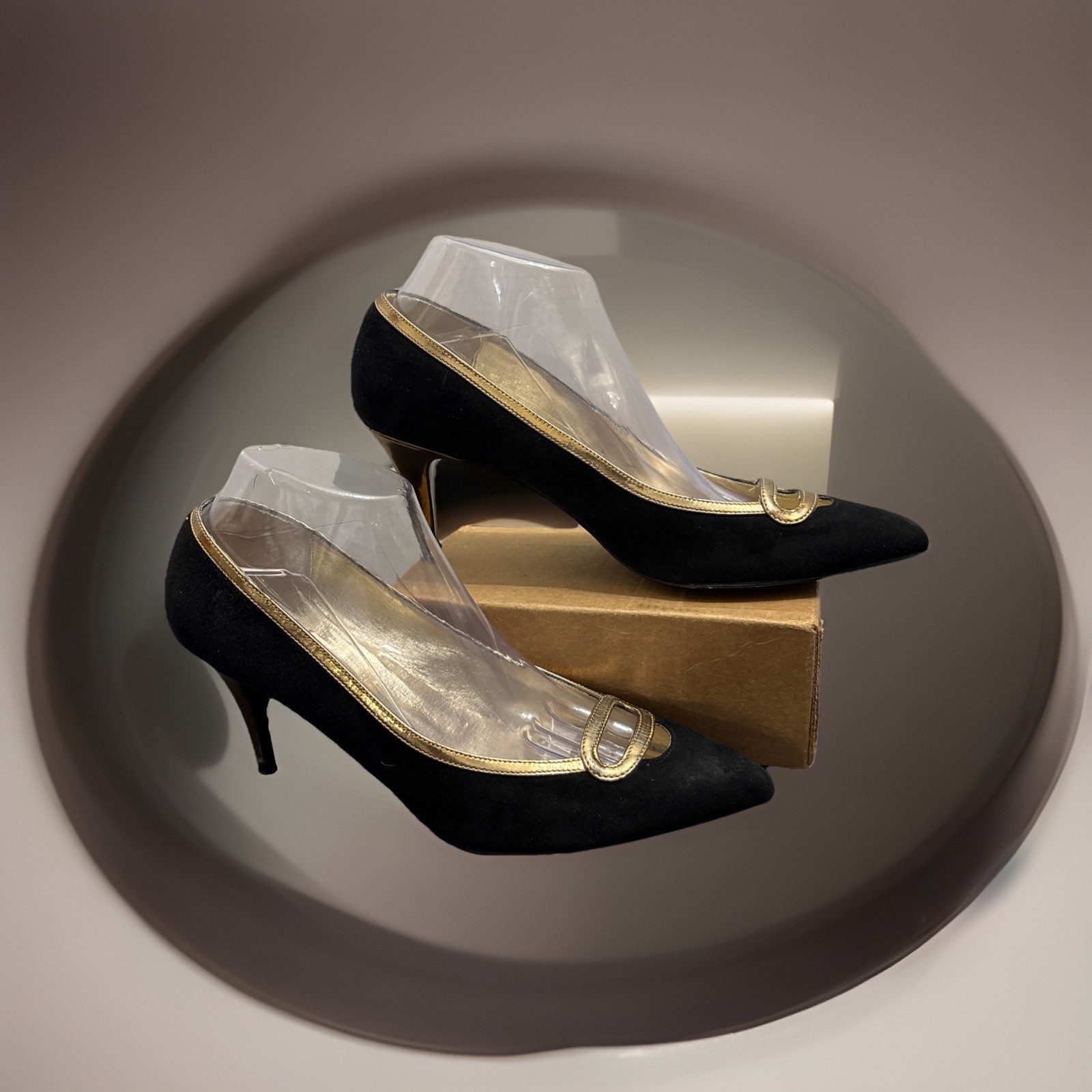 CLAUDIA CIUTI Black Suede & Gold Pointed Toe Heels Pumps Size 9.5 M