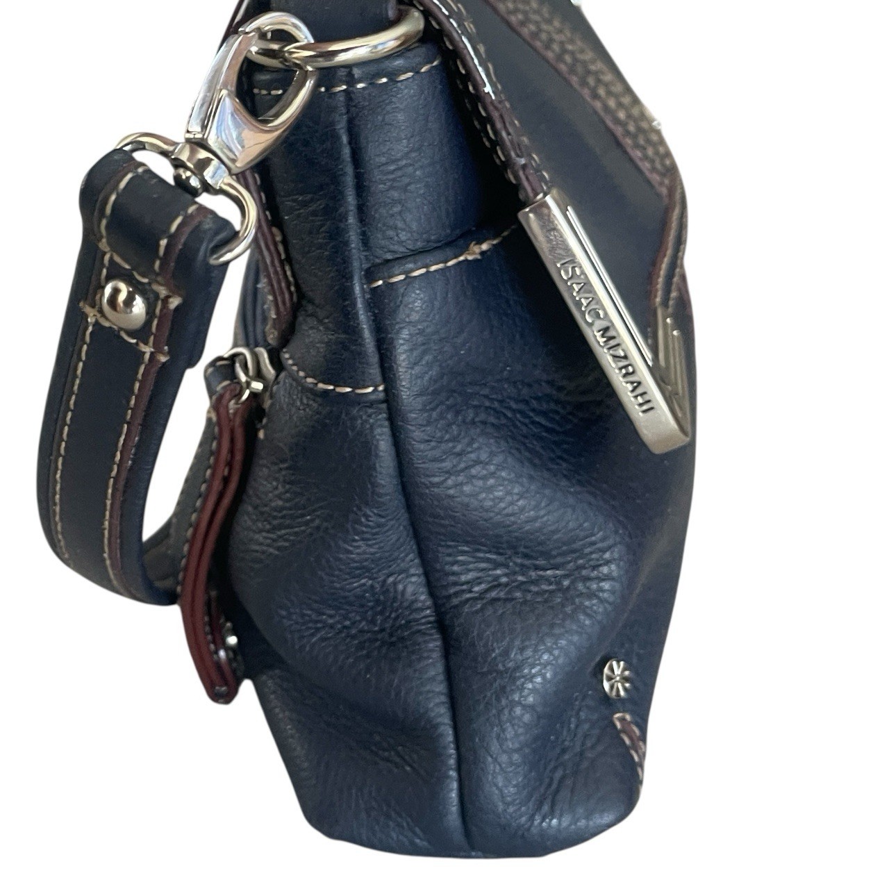 Isaac Mizrahi Navy Leather Shoulder Bag Burgundy Accents Pebble Grain Purse