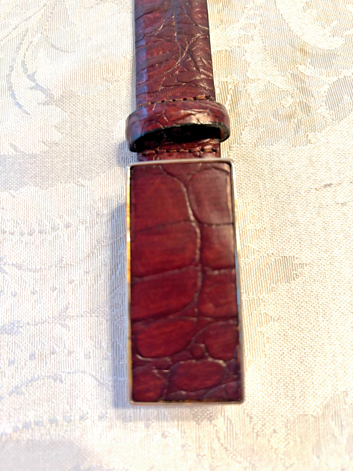 Qualheim Bollorini Italian Alligator Crocodile Embossed Brown Mens Belt Lg Lux