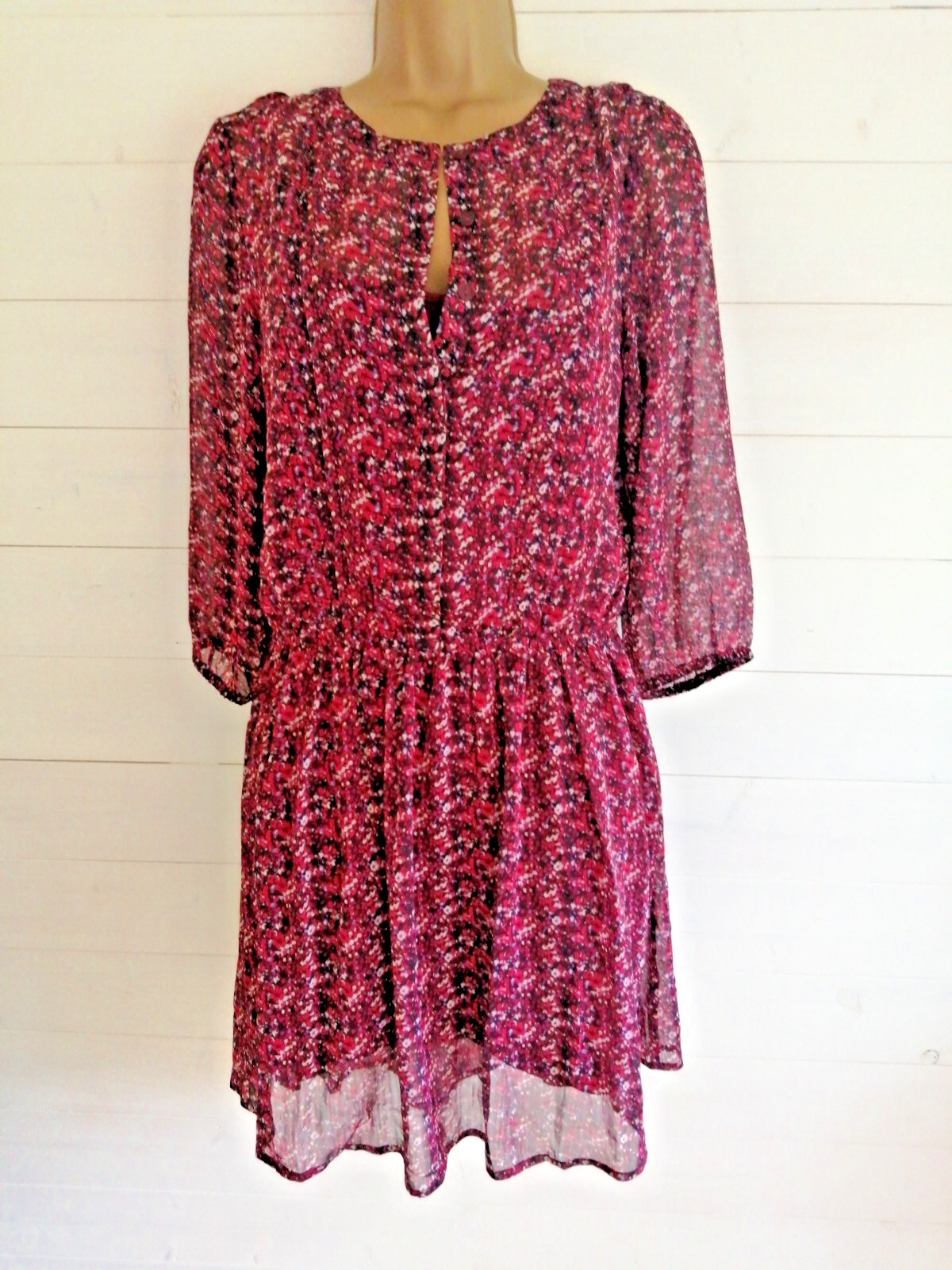 FALMER Ditsy Print Dress Size 12 sheer floaty lined 3/4 sleeves pink blue white