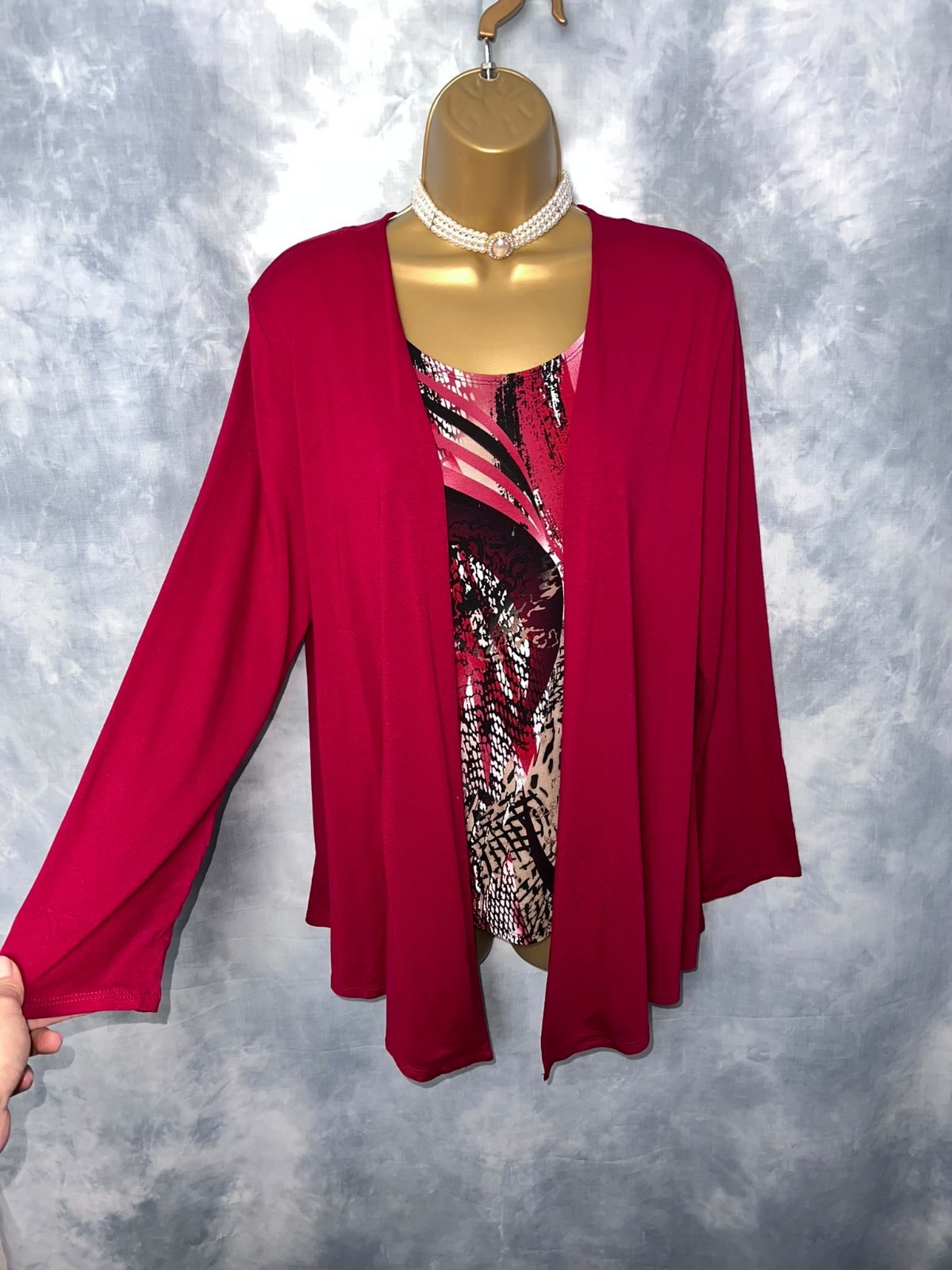 SALOOS Wine Red 2-in-1 Layered Top Size 16 Print Stretchy Elegant Classy Office