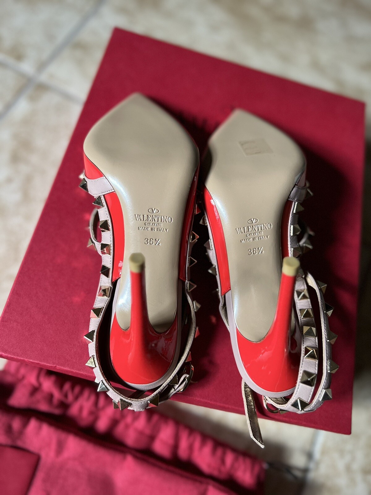 Valentino Studded Ankle Strap Stiletto Pointed Toe Leather Heels Red 36.5