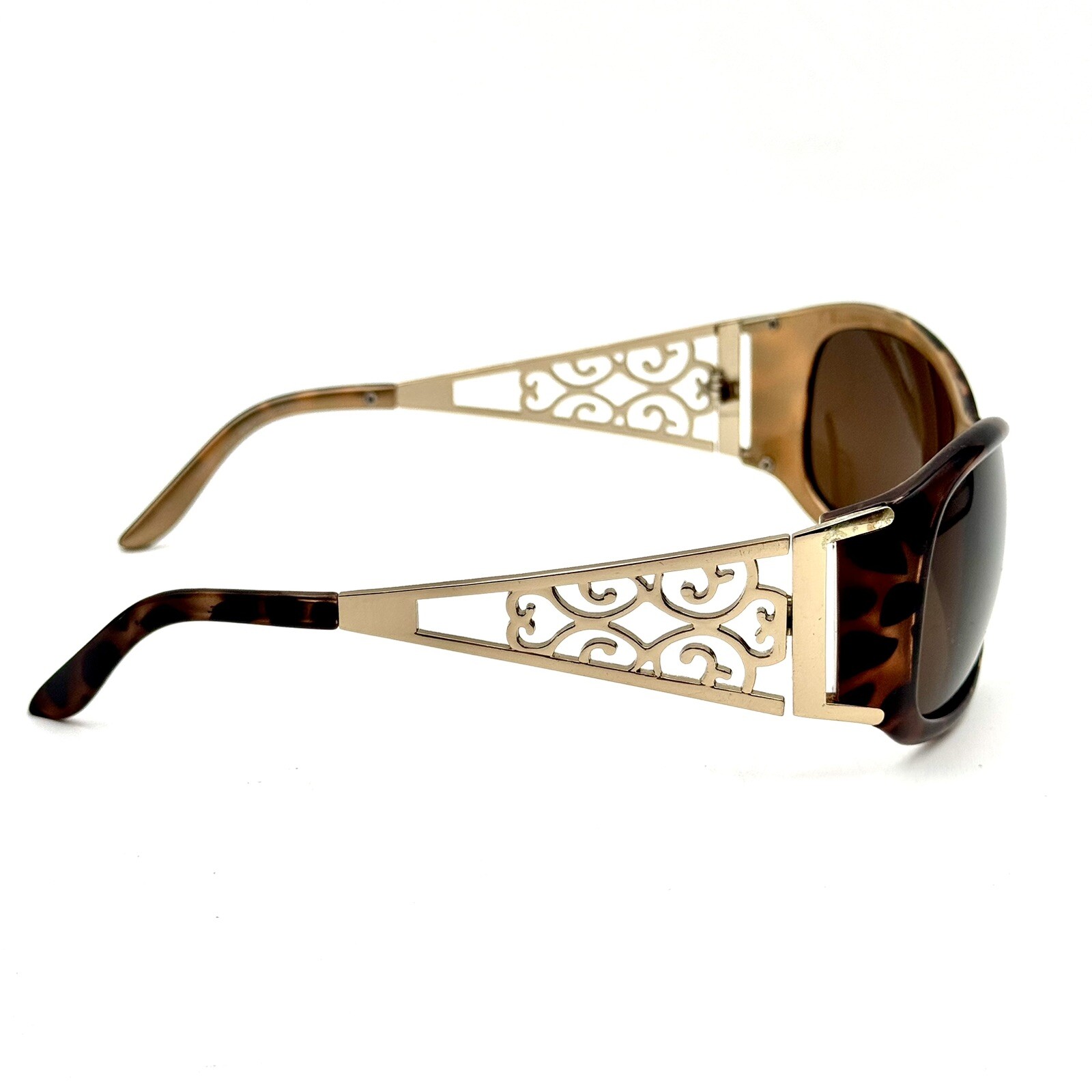 Fashion Oval Sunglasses Brown Tortoise Shell & Designer Ornate Frame Gold Metal