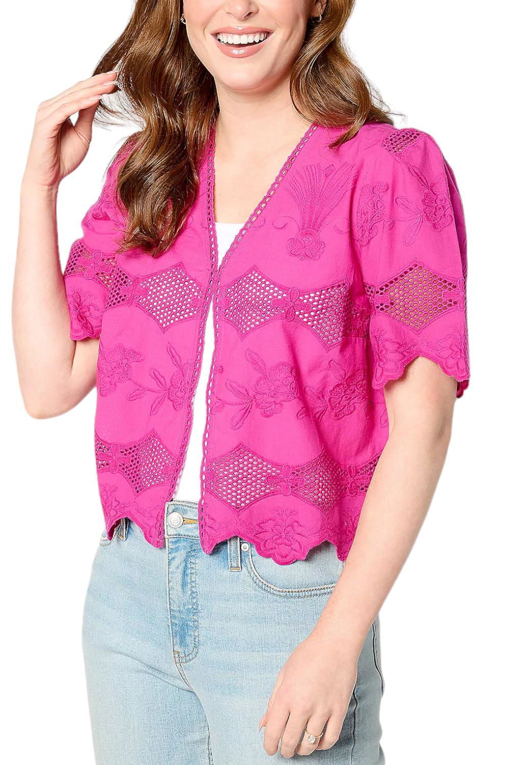 LOGO Lavish by Lori Goldstein Eyelet Lace Cropped Jacket Crushed Berry