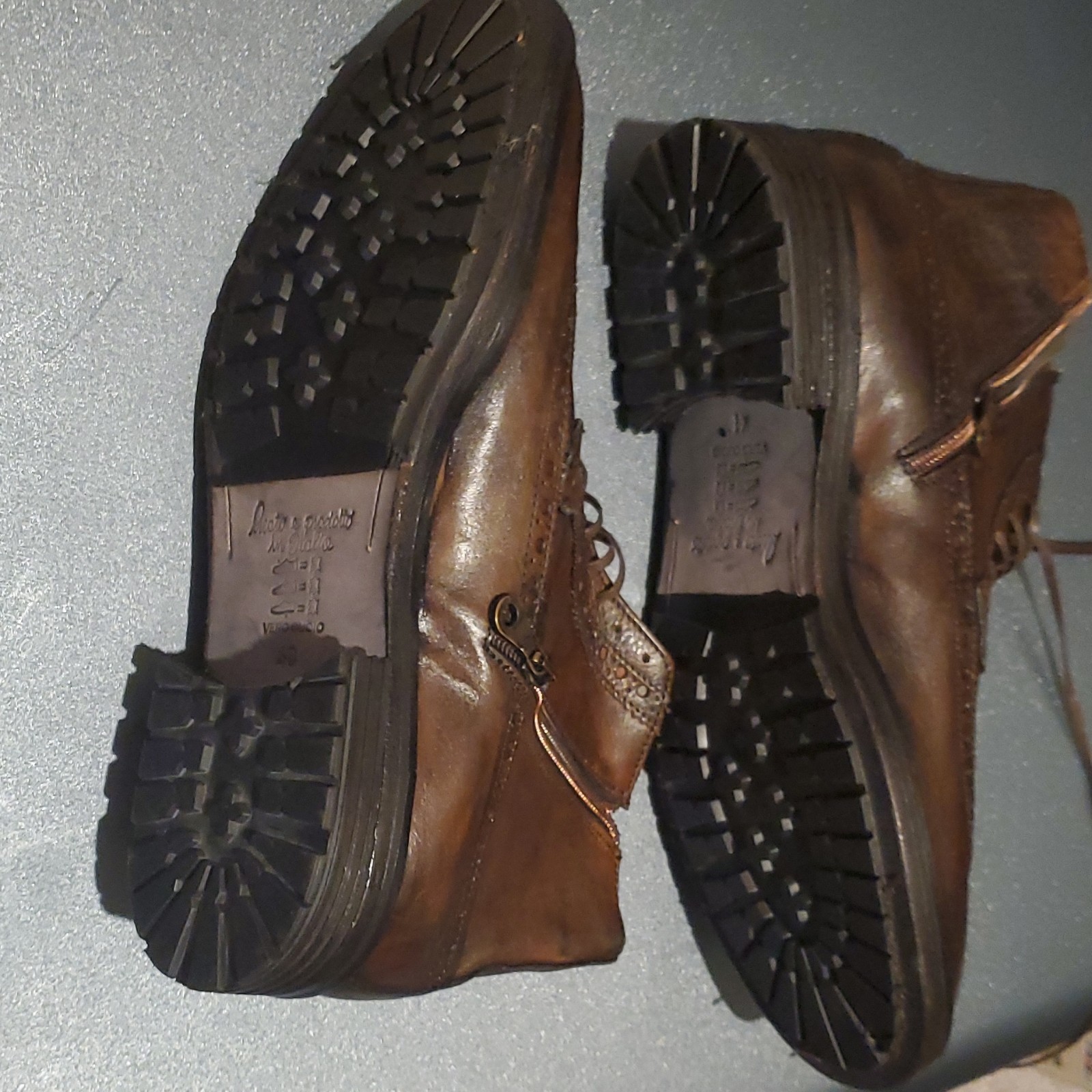 Men’s Brown Leather Wingtip Ankle Boots Lace-Up Side Zipper EU Sz R40/L41 Italy.