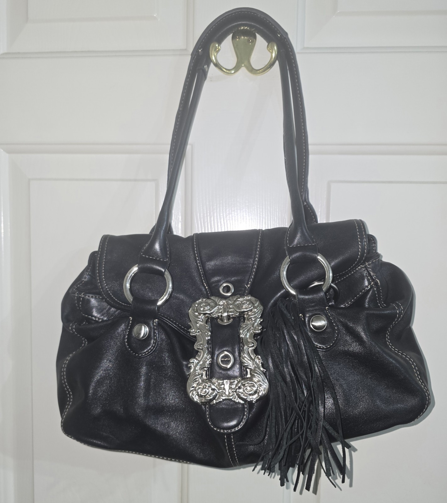 B. Makowsky Black Medium Shoulder Bag Buckle Tassel Silver Hardware Paisley