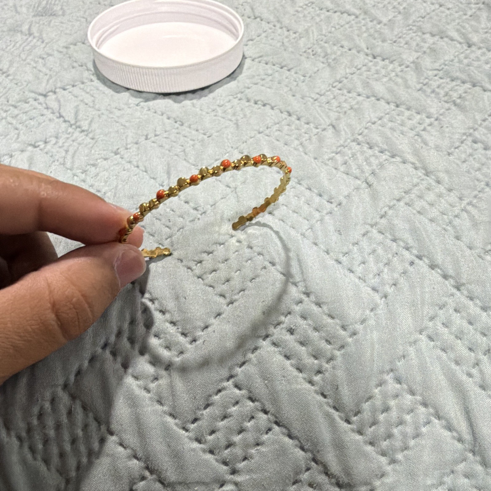 Gold Tone Metal Beaded Headband Hair Accessory/Small Wristband, Orange/Red Beads