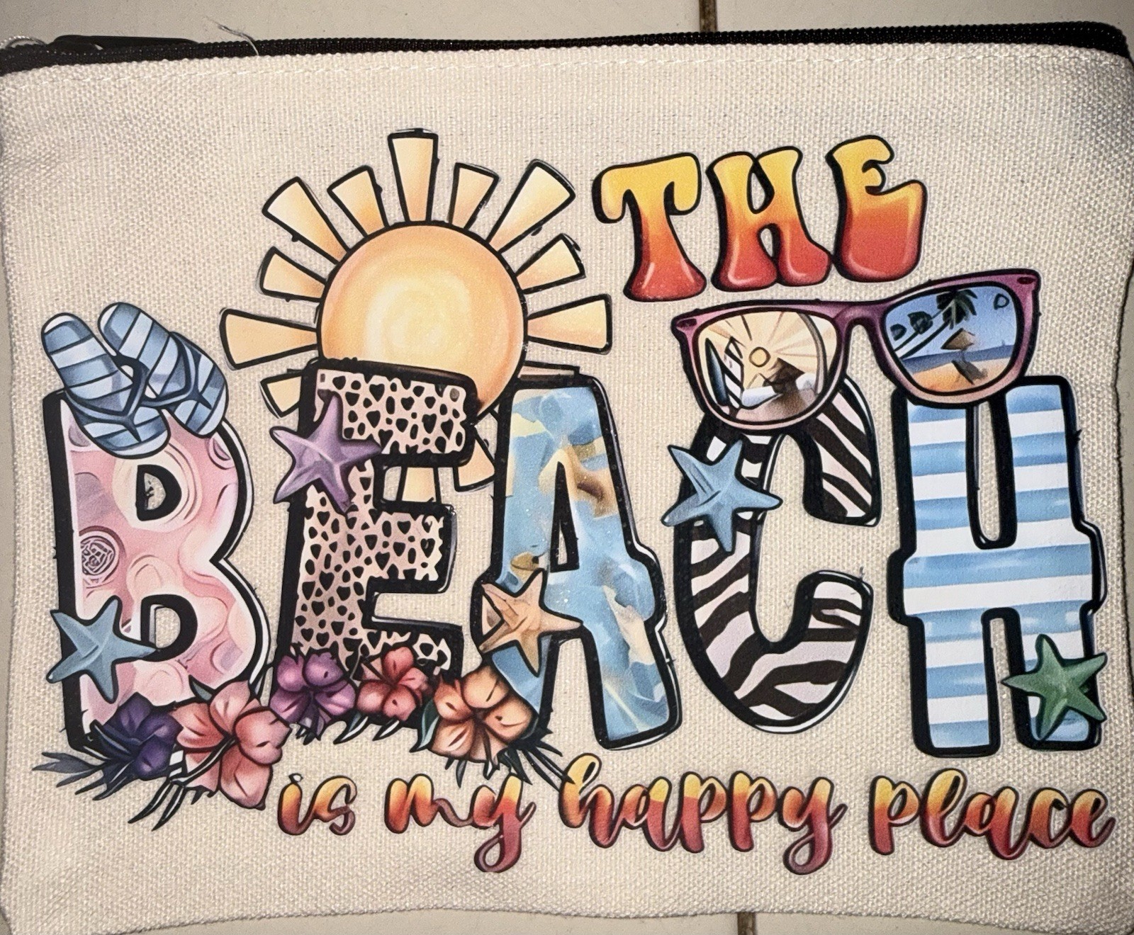 Beach Theme Small Pouch Canvas Bag With A Wrist Strap Zipper Top