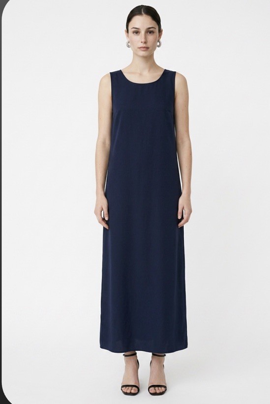 Eileen Fisher navy blue organic linen long dress with pockets XS NWT
