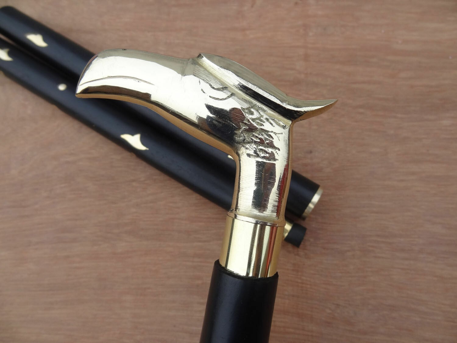 Vintage Brass Designer Chrome falcon Head Handle Wooden Walking Stick Antique