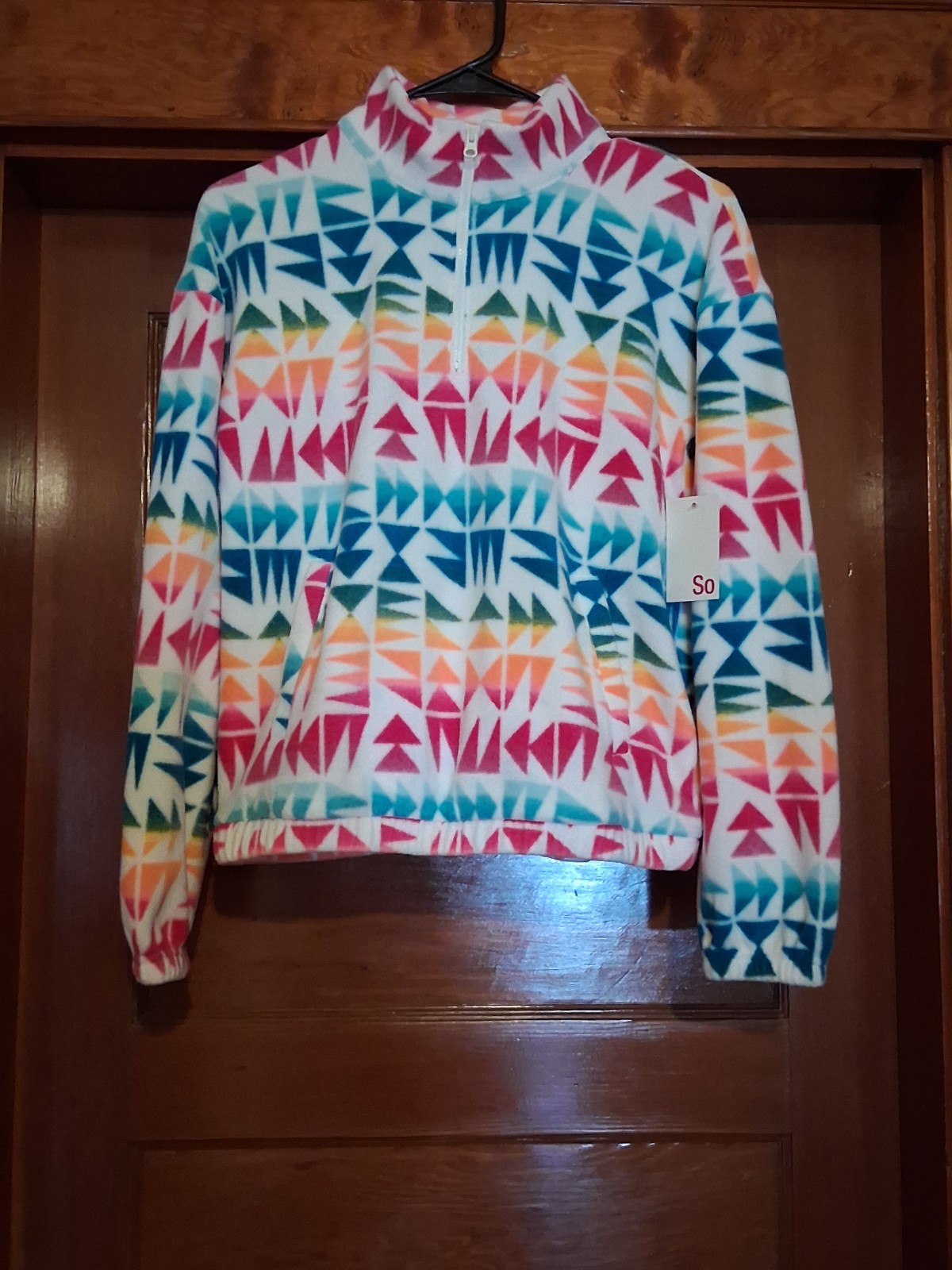 SO Girls XL (14/16) Fleece 1/4 Zip Pullover Sweatshirt Pockets Geometric