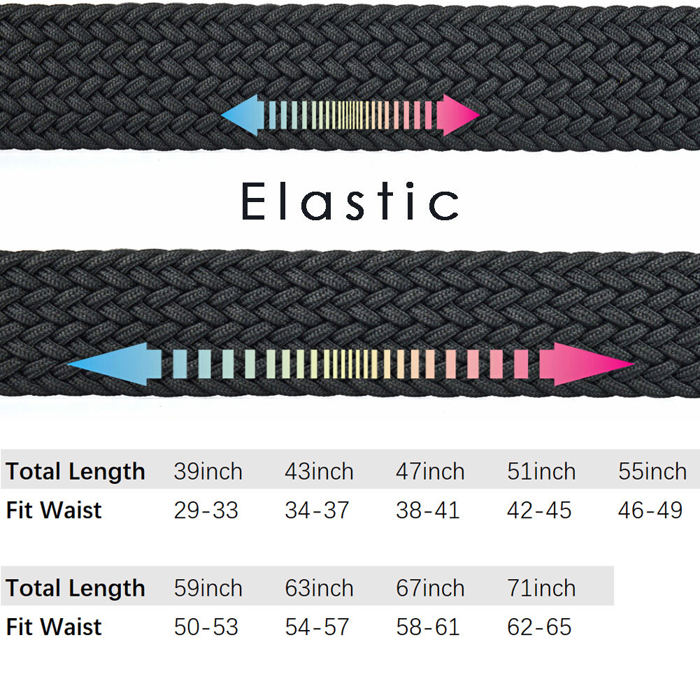 Belt Elastic Stretch Woven Braided for Men Women Plus Size Black Square Business