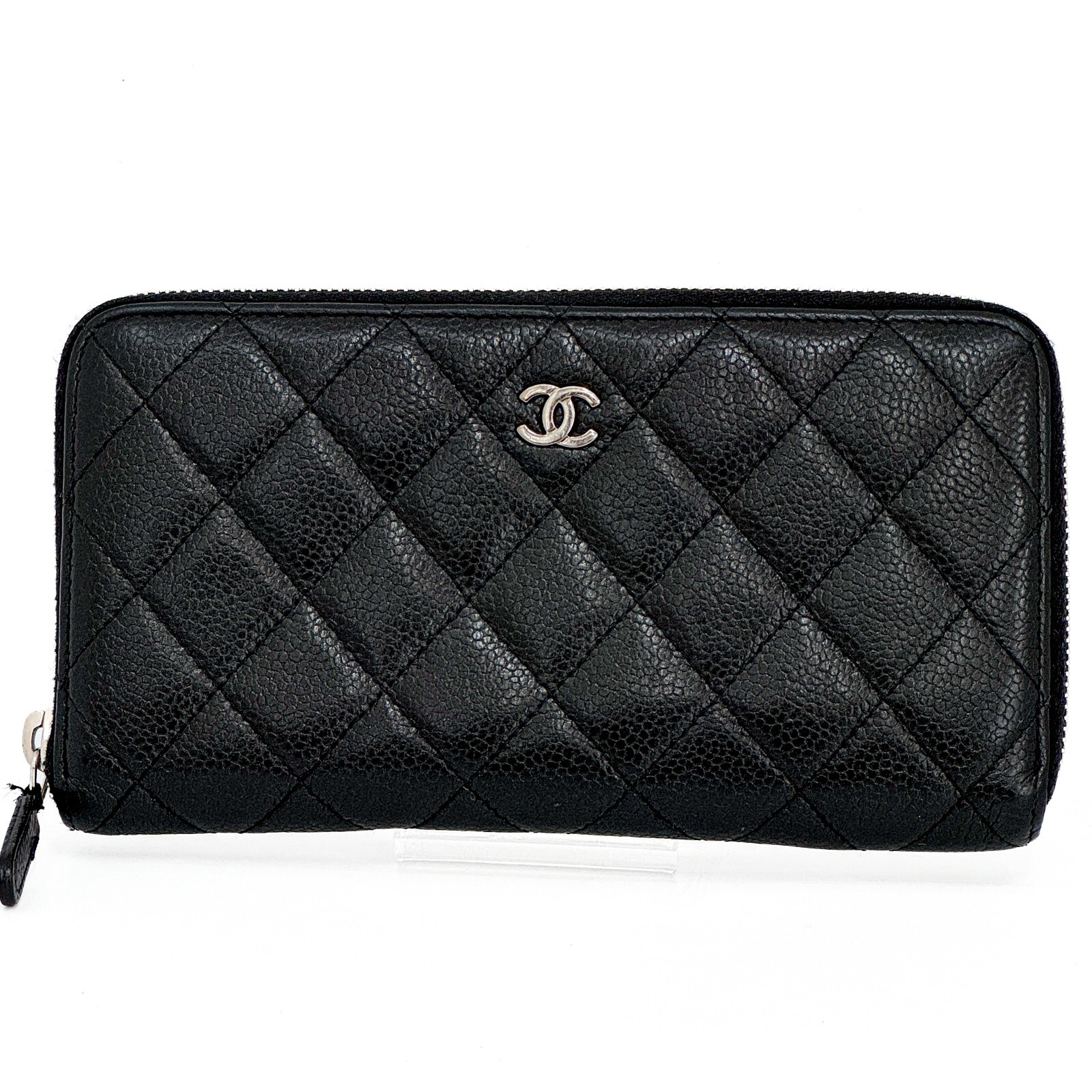 CHANEL Matelasse Caviar Skin Round Zippy Long Wallet Purse leather Black Auth