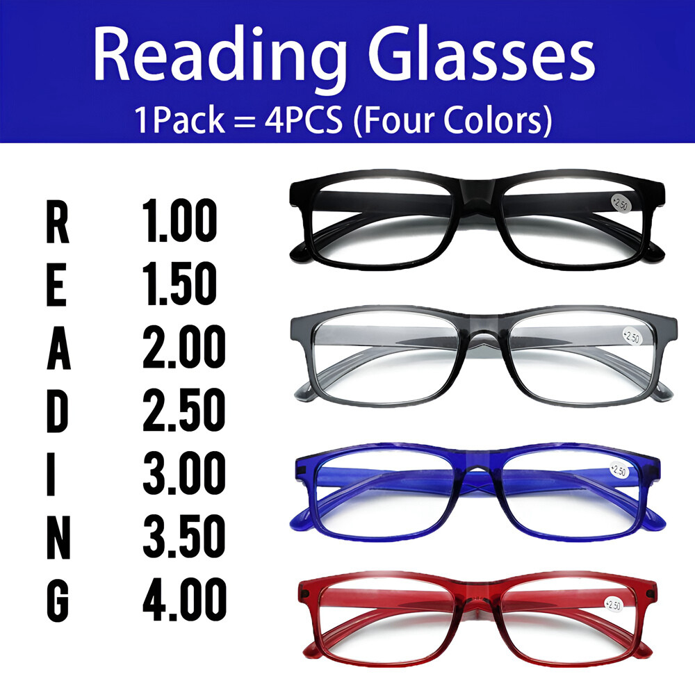 4 Pair Rectangular Spring Hinge Power Reading Reader Glasses For Men Women 1-3.0