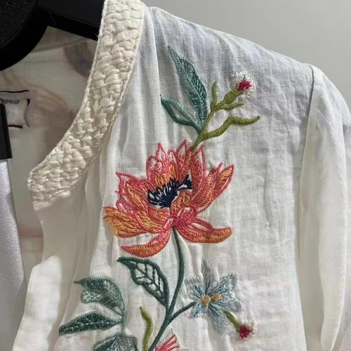 NWOT Johnny Was 100% Ramie Embroidered Floral Button-Down Tunic Shirt Blouse S