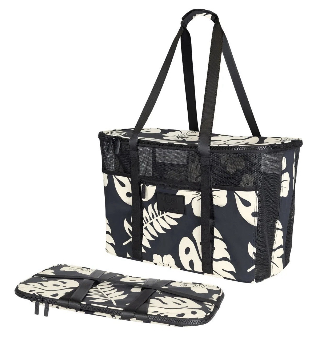 CleverMade Aloha Collapsible Beach Tote Black White Tropical NWT