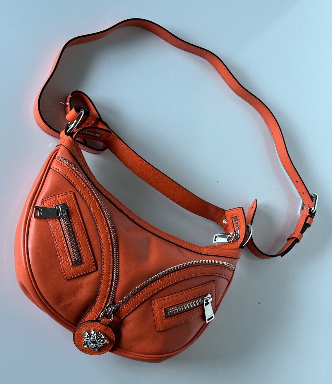 NWT $1925 Versace Silver Medusa Head Calf Leather Small Orange Hobo Bag 1007680