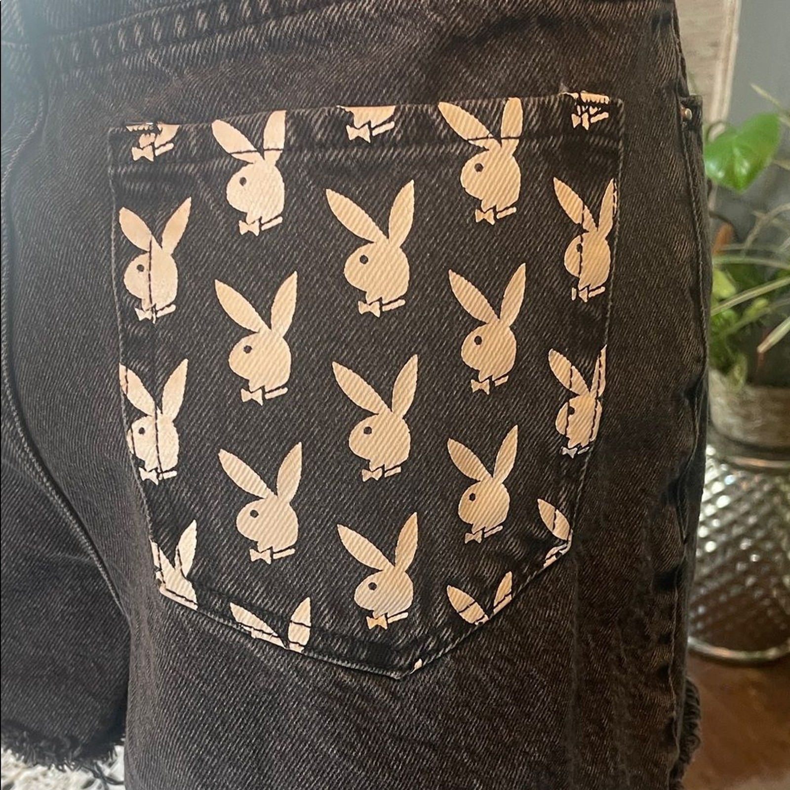PLAYBOY Black Jean Shorts with White Bunny Print