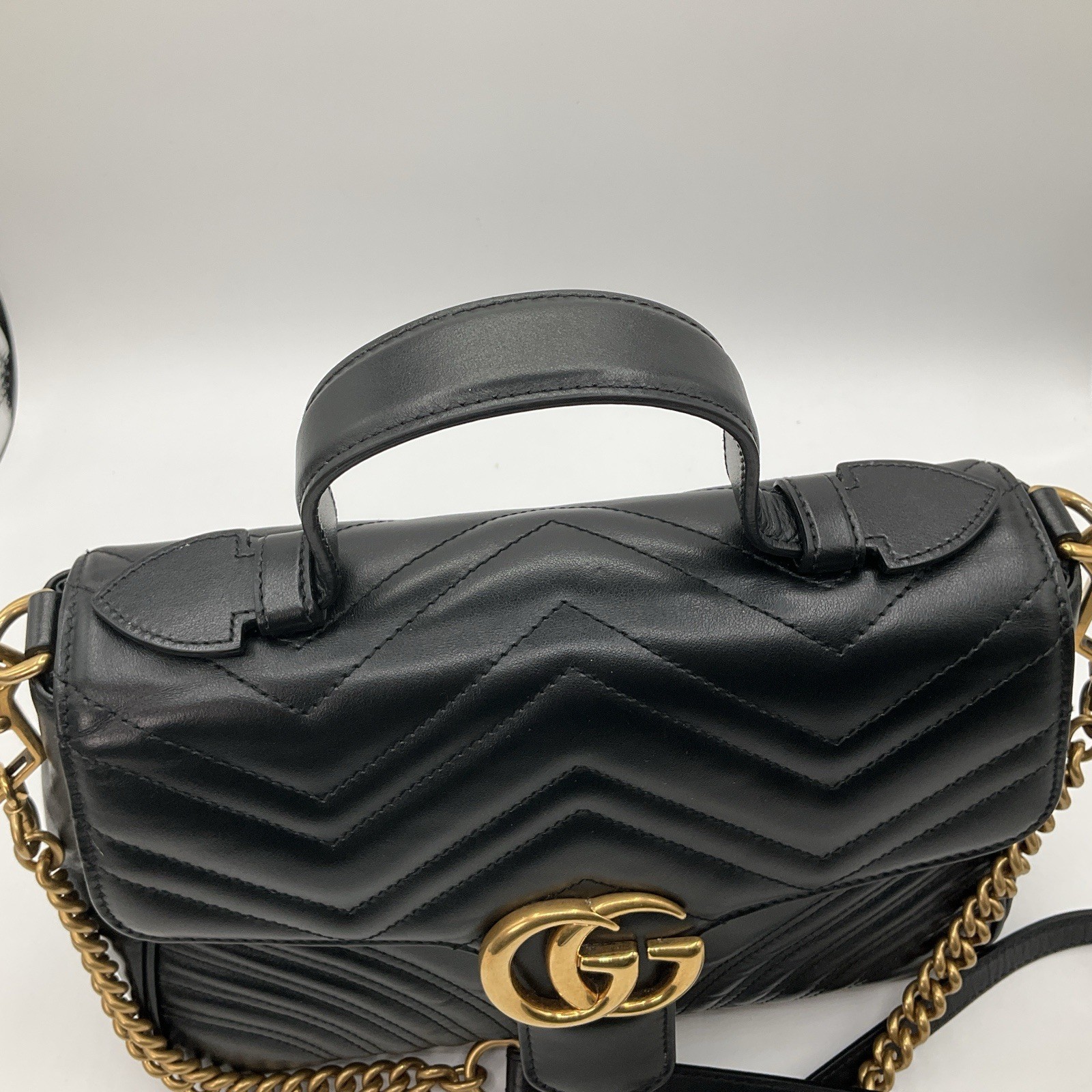 Gucci GG Marmont Matelasse Small Top Handle Black Leather Bag Purse