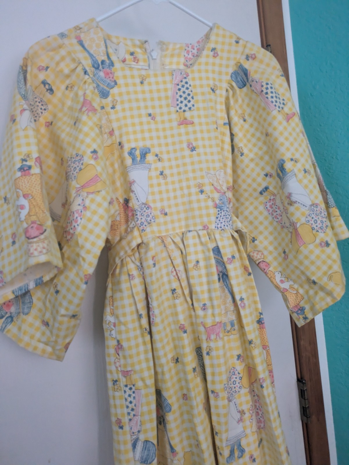 VTG 70s HomeMade Yellow Gingham Maxi Dress Holly Hobby Cottage Prairie