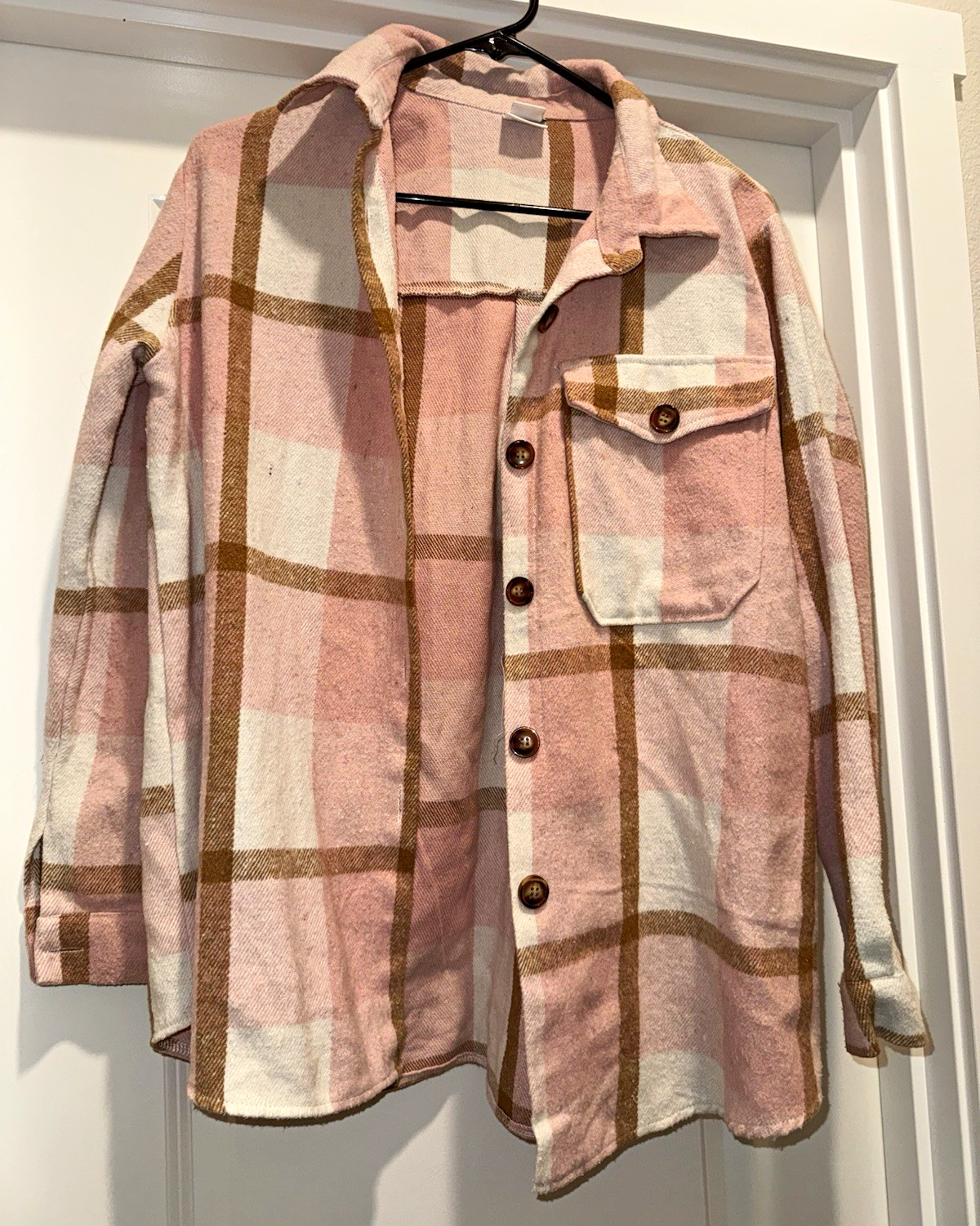 Pink White Brown Plaid Button Shacket Jacket Relaxed Mid-Length M