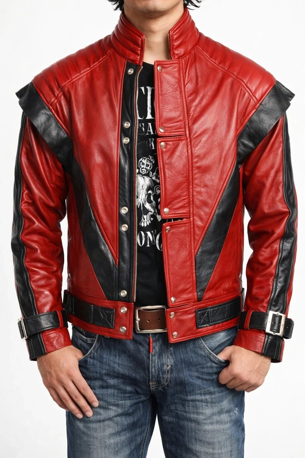 Mens MJ Michael Jackson Thriller Red Leather Jacket Real Sheepskin Cosplay Party