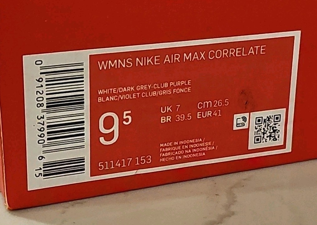 Nike Air Max Correlate Womens Size 9.5 Sneakers Shoes White Dark Grey Purple New