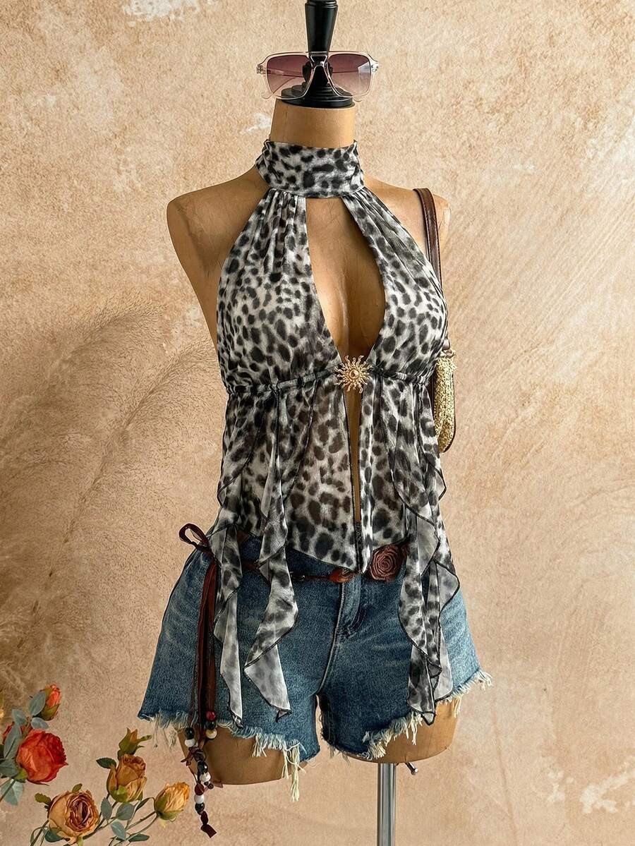 Leopard Print Halter Neck Top Backless Asymmetrical Boho Vacation Beach Blouse