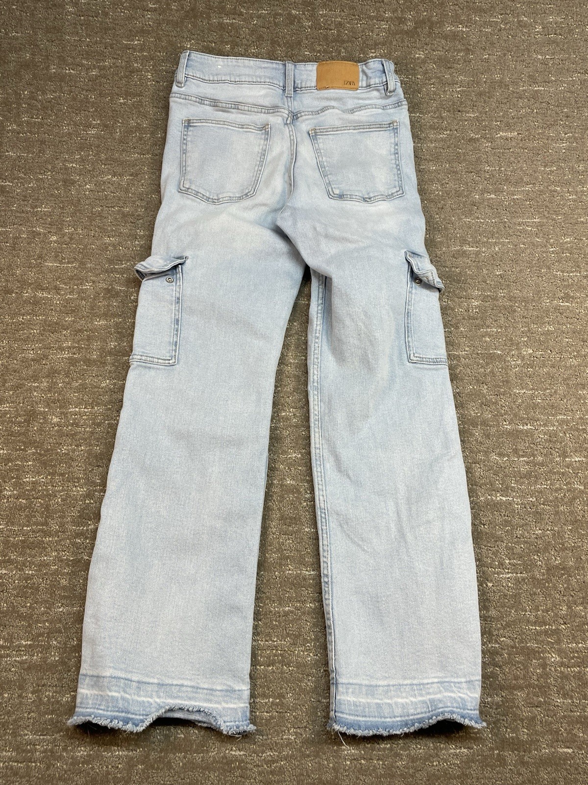 Zara Size 13–14 Cm 164 Adjustable Waist Cargo Jeans Light Wash Raw Hem
