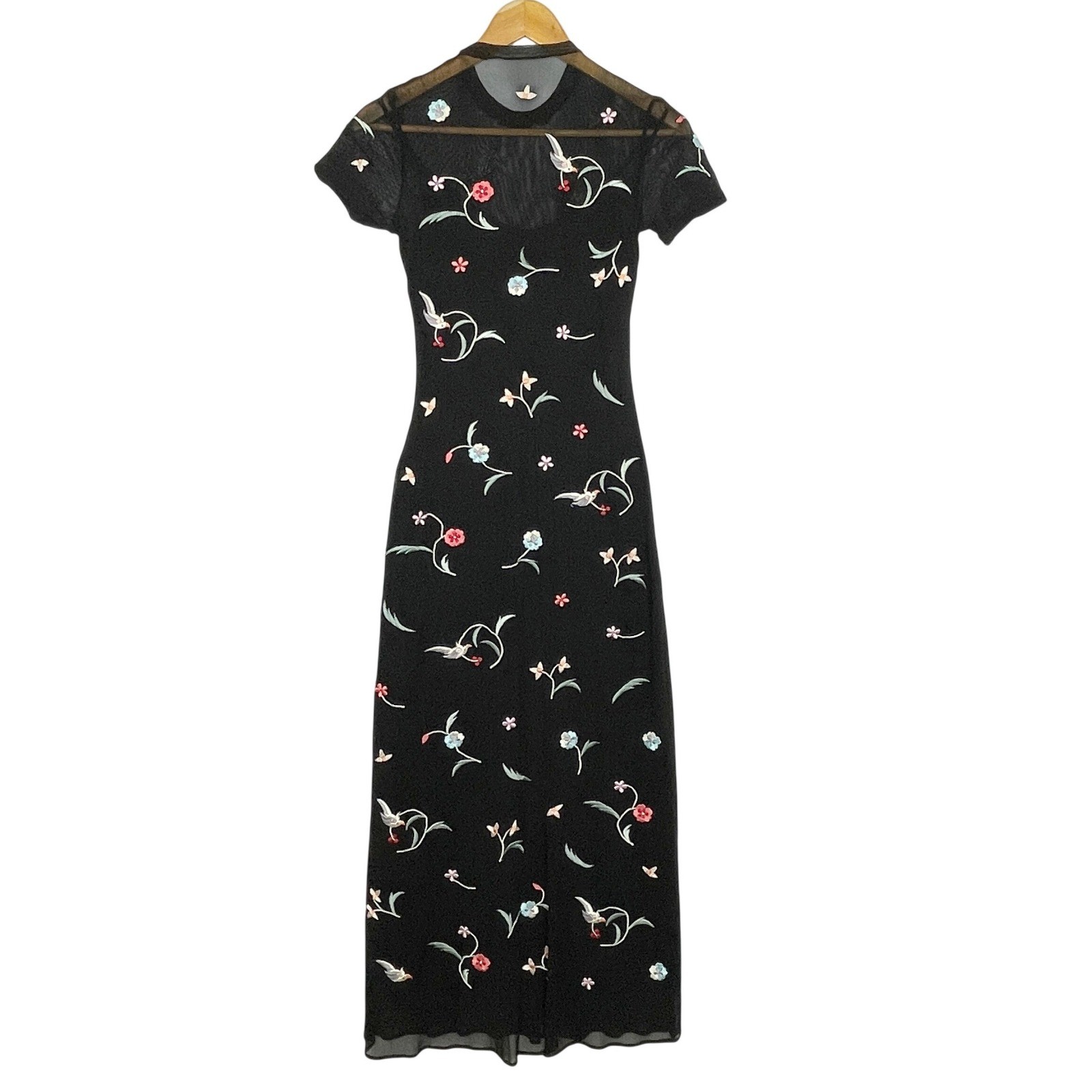 VTG Vivienne Tam Mesh Embroidered Flower Bird Maxi Dress Size 3 Whimsigoth 90s
