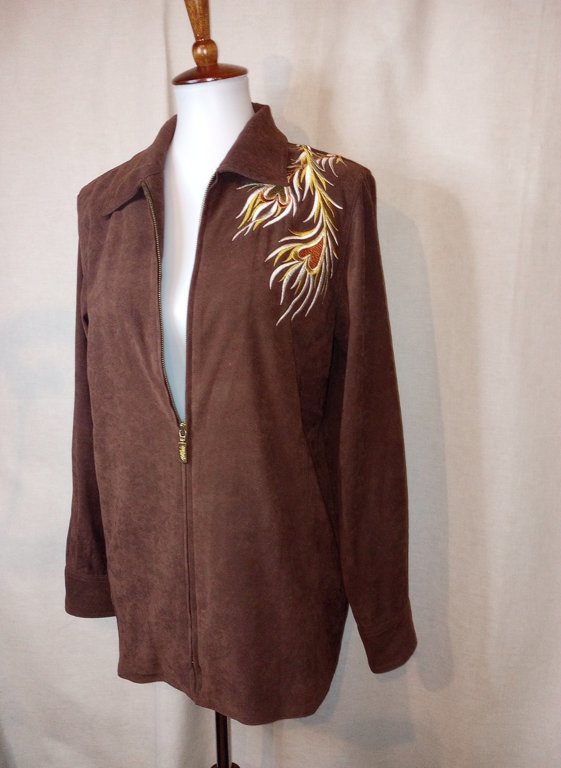 Bob Mackie Vtg Phoenix Wearable Art embroider zip jacket brown faux suede Small