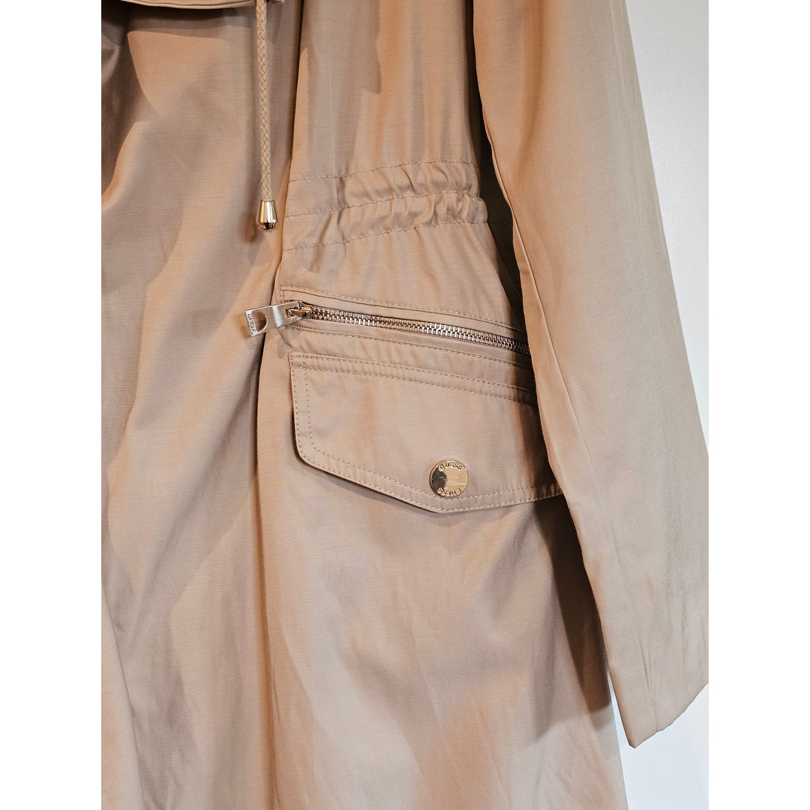 GUESS Los Angeles Womens Tan Draped Trench Jacket Drawstring Waist Beige Coat