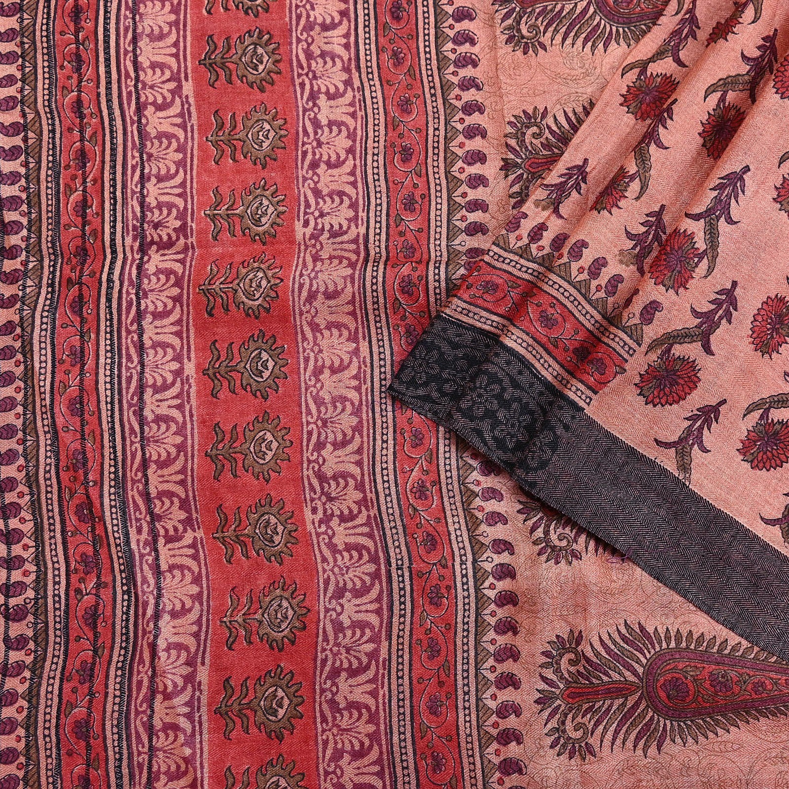 Vintage Peach Wool Saree Indian Pure Woolen Woven Floral Fabric 6Yard Soft Warm