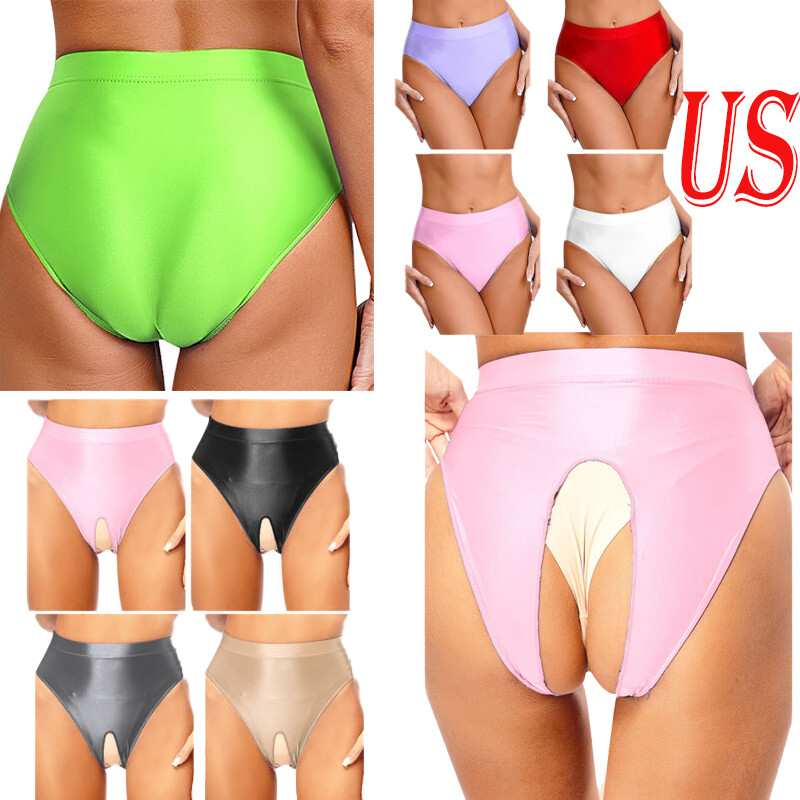 US Women High Waist Crotchless Briefs Solid Elastic Waistband Panties Underwear