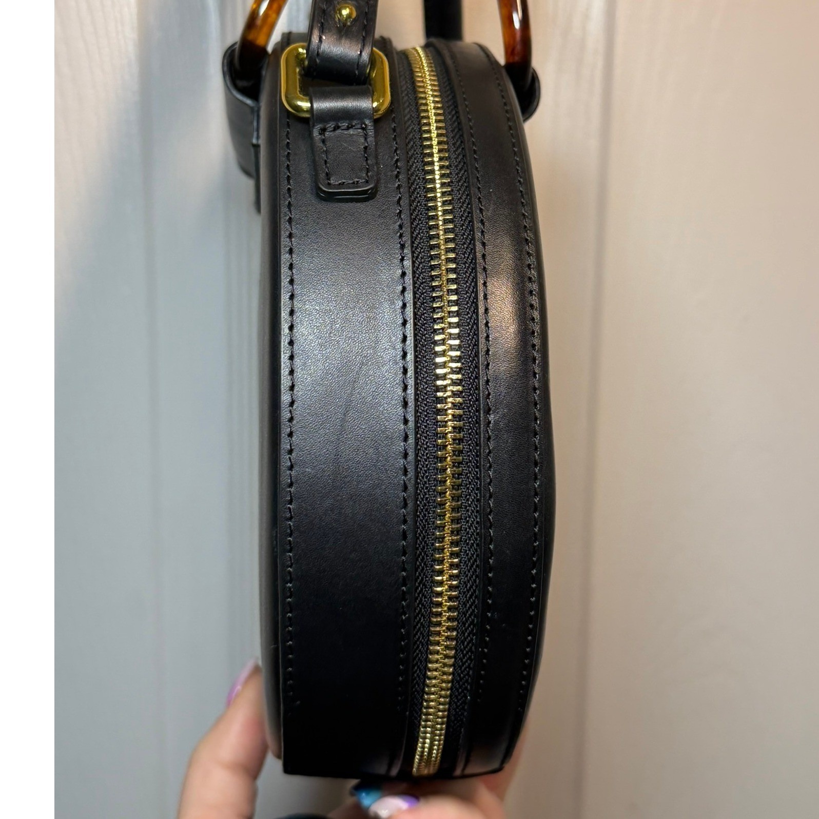 Kurt Geiger London Black Leather Round Crossbody Bag Tortoise Handle Eagle Head