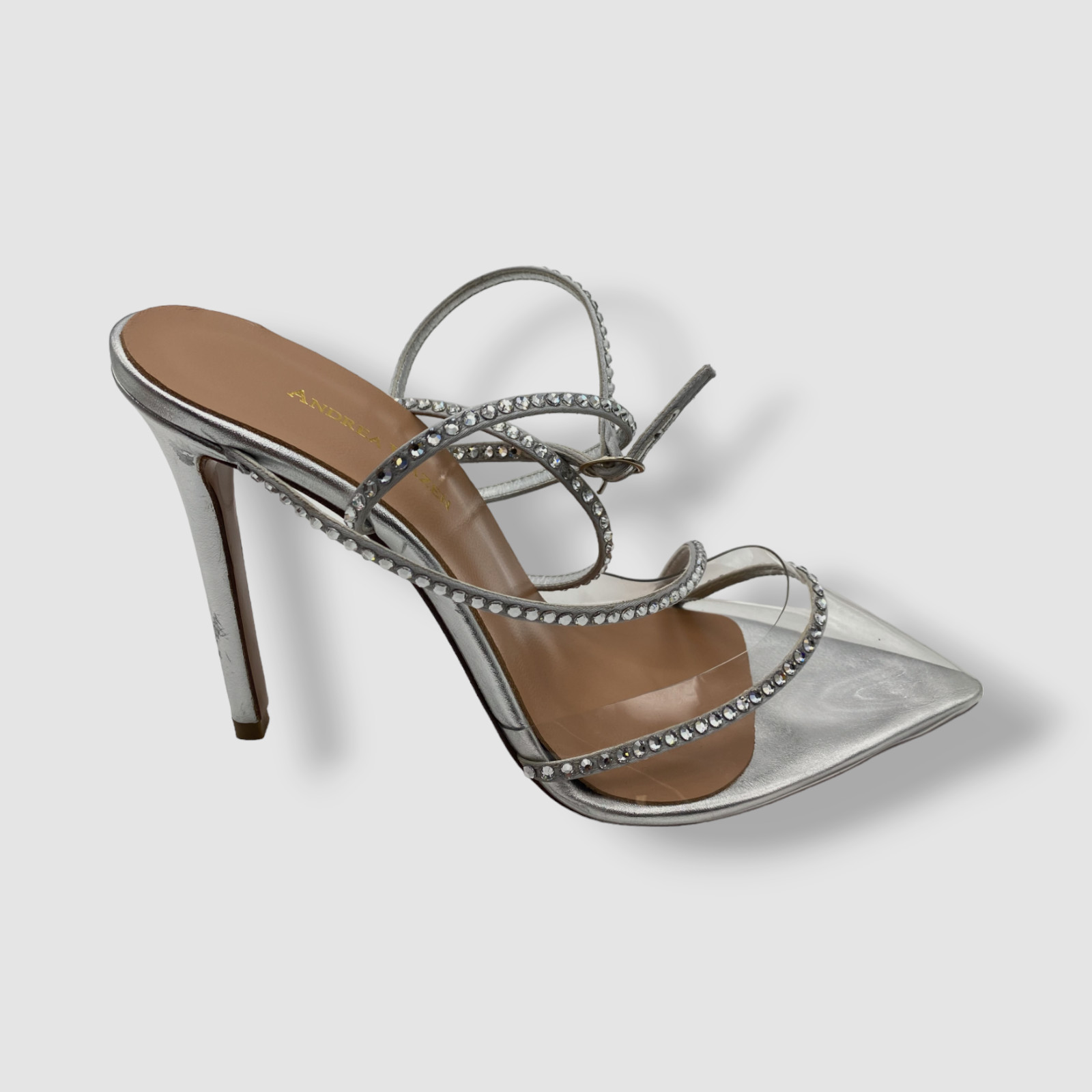 $696 Andrea Wazen Women’s Silver Dassy Sunset PVC Ankle Wrap Pump Heels Shoes 40