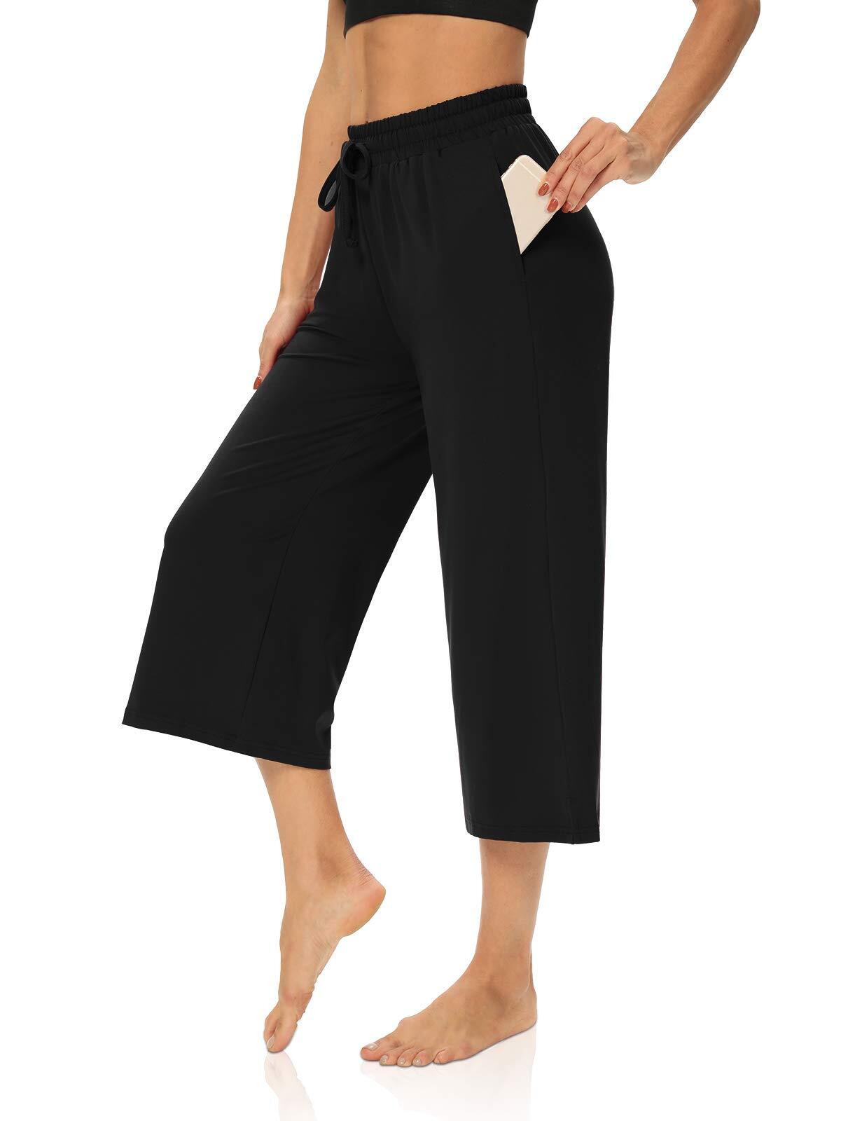 Womens Capri Pants Loose Drawstring Yoga Pants Wide Leg Comfy Lounge Black 4XL