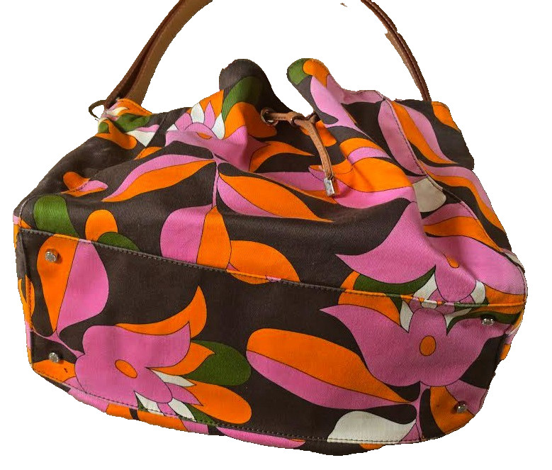 Kate Spade Purse Leather Strap Brown,Orange & Pink Floral Handbag Canvas Preppy