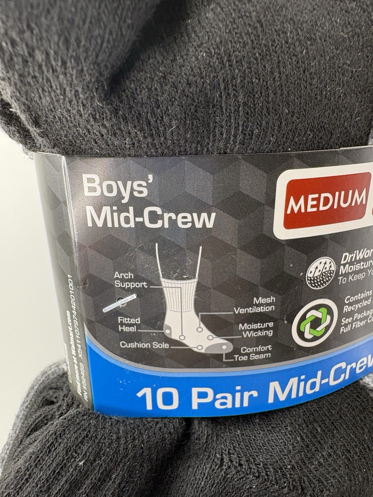 Athletic Works Boys Mid-Crew Socks 10 Pack New Sealed Youth Shoe Size 9-2 1/2