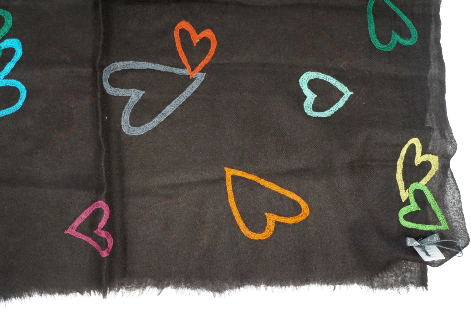 NWT FALIERO SARTI “Cupido” Black w Woven Hearts Cashmere Scarf Italy 26″x69″