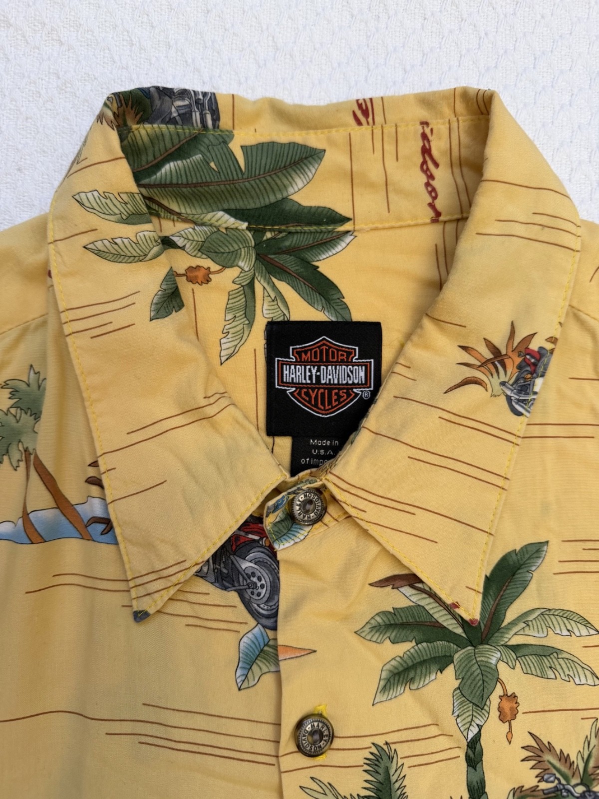 Harley Davidson Tori Richard Hawaiian Shirt Mens Yellow Motorcycle Print XL