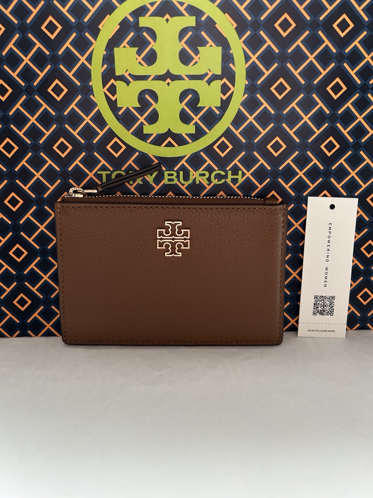 Tory Burch Britten Zip Card Case Card Wallet Moose Gold Tan Brown