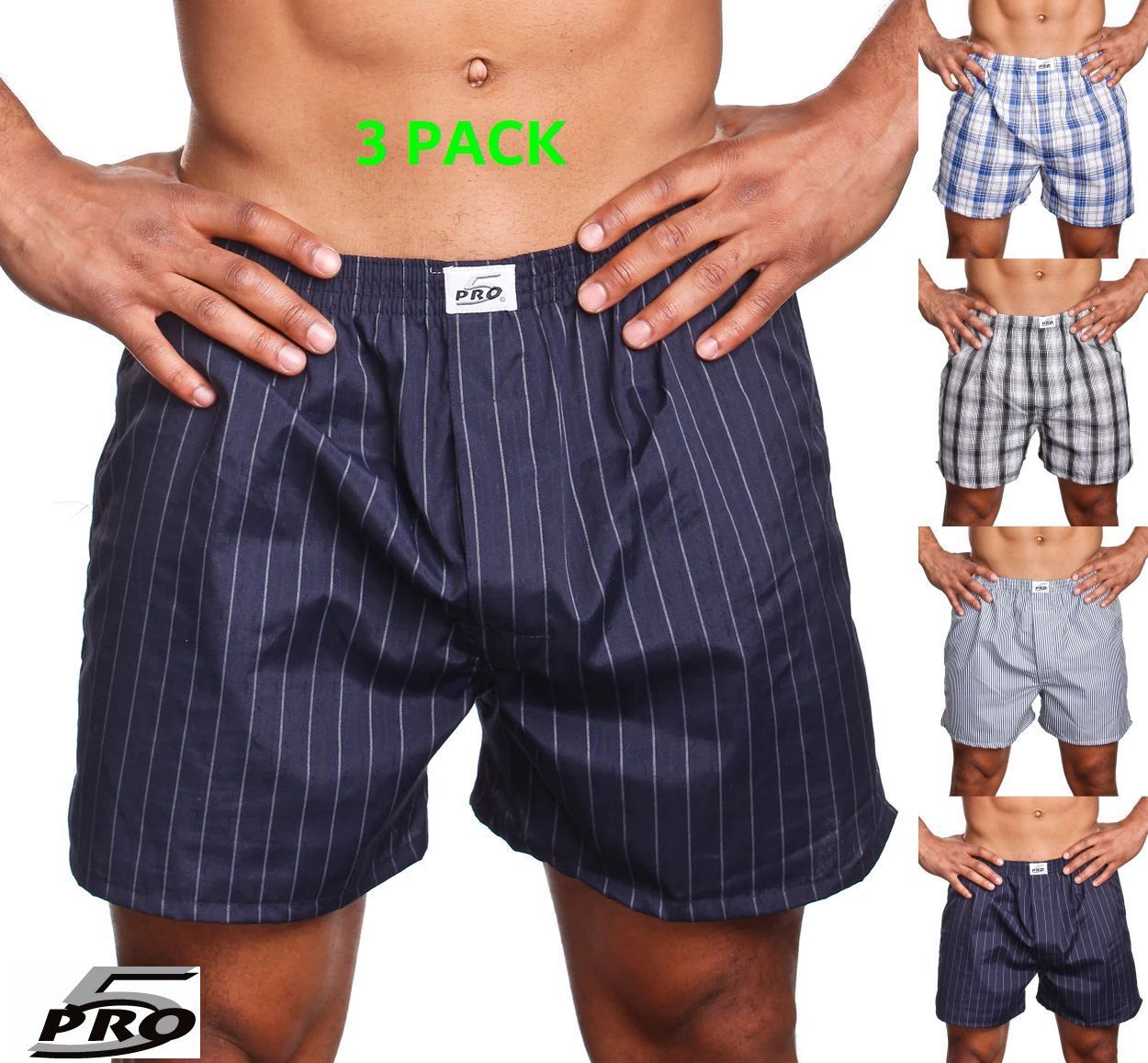 Pro 5 Premium Quality Mens Boxers 3 Pack Mixed Colors 100 Cotton lot of 3 6 12