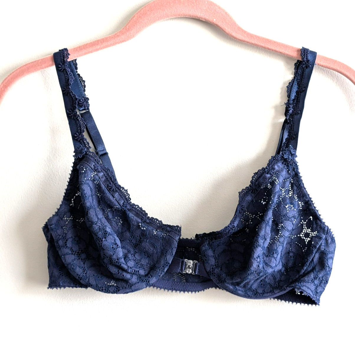 Vtg Eileen West Front Clasp All Over Lace Bra Navy Blue Size 36B Style 75-100