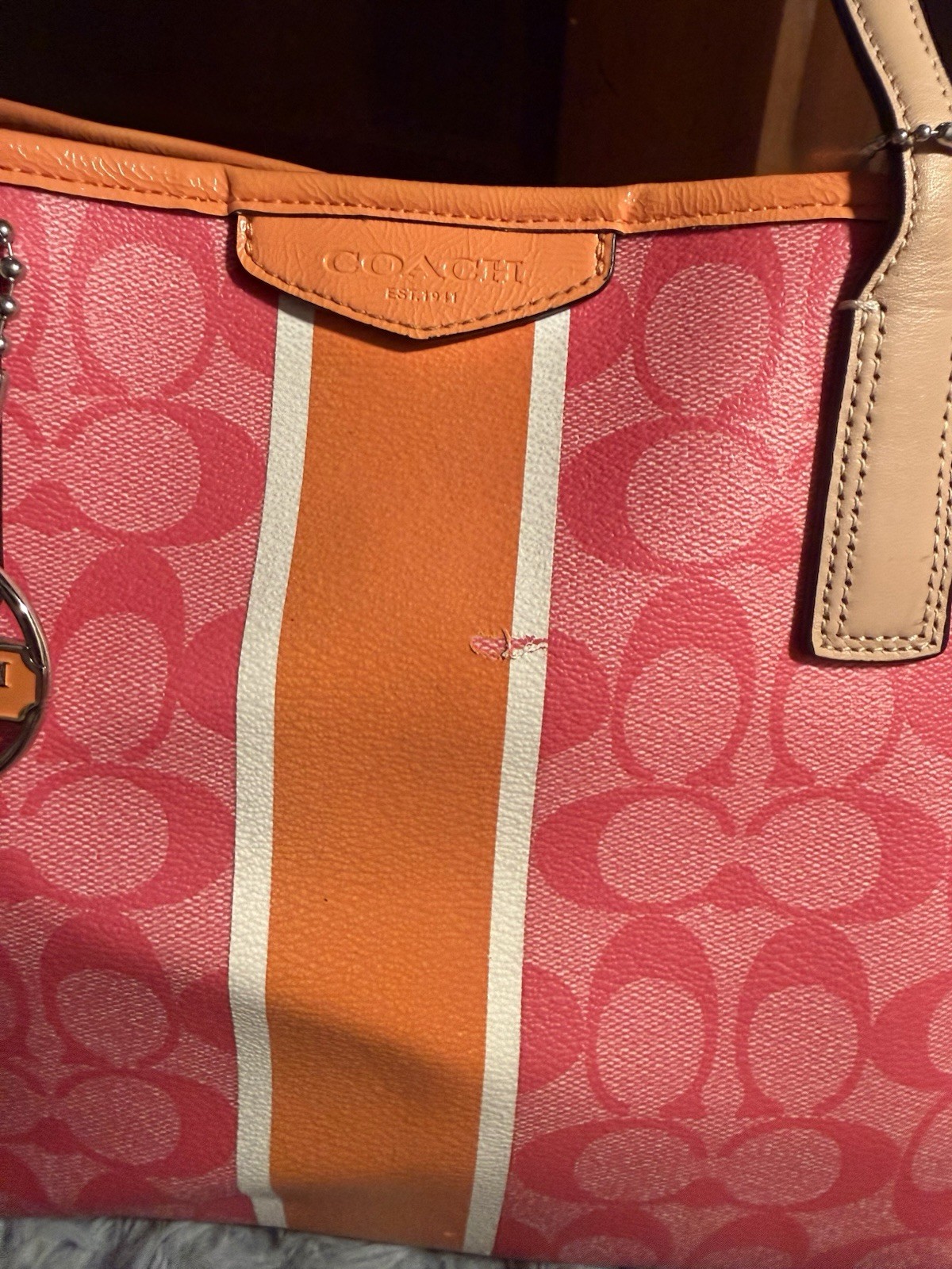 Coach Signature Logo Tote Bag Pink/Orange Zip Closure Large w/ Bag Charm