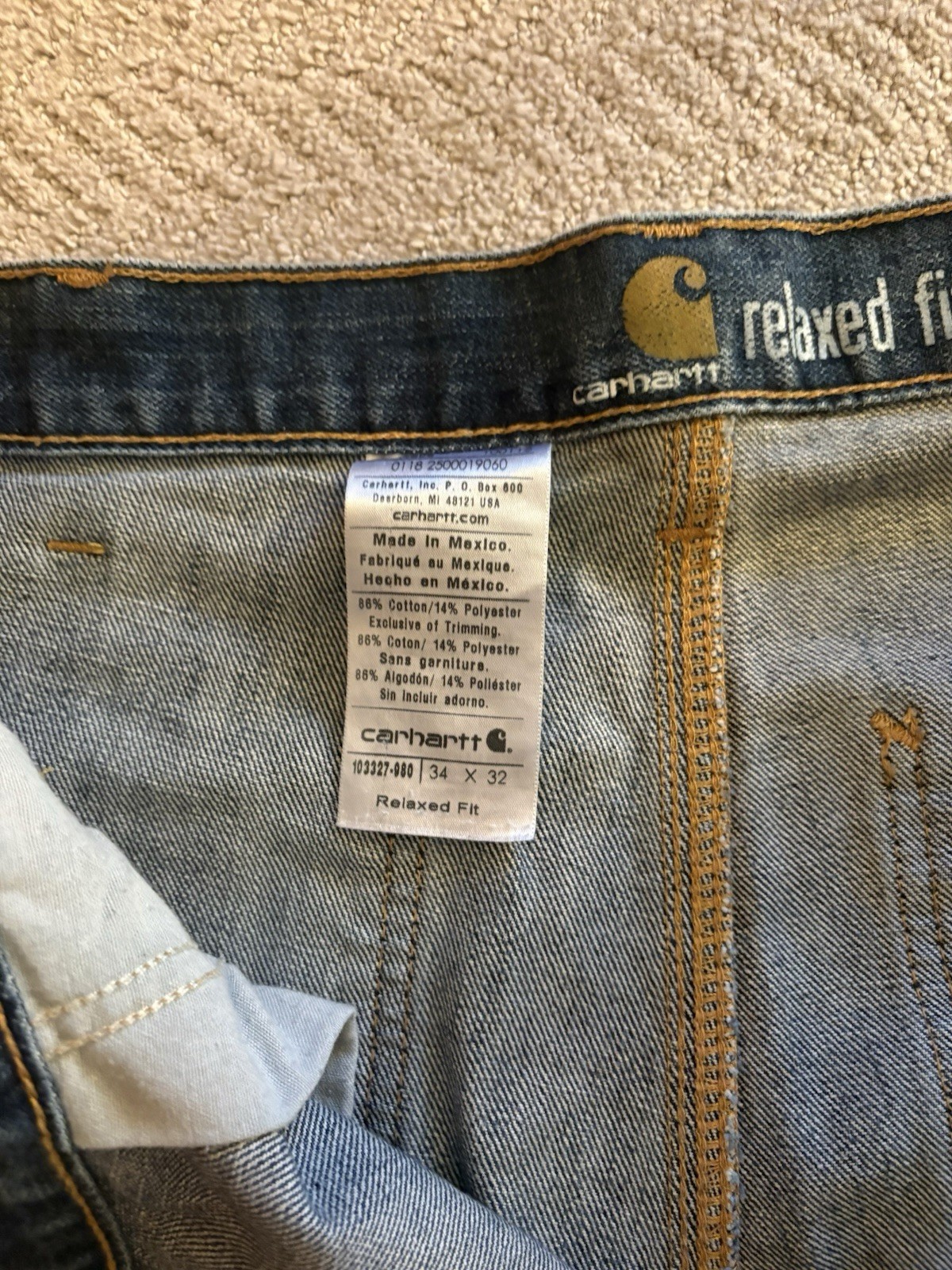 Carhartt Relaxed Fit Work Jeans Men’s Size 34 X 32 Blue Denim