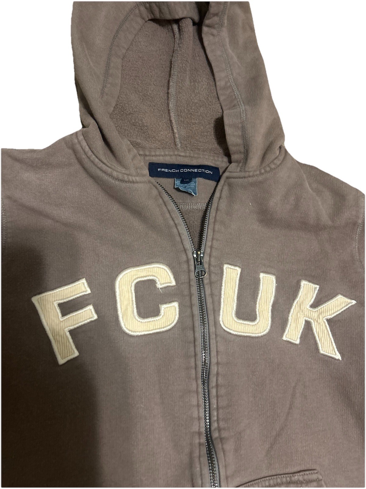 Y2K French Connection FCUK Gray Full Zip Hooded Fleece Hoodie Pockets