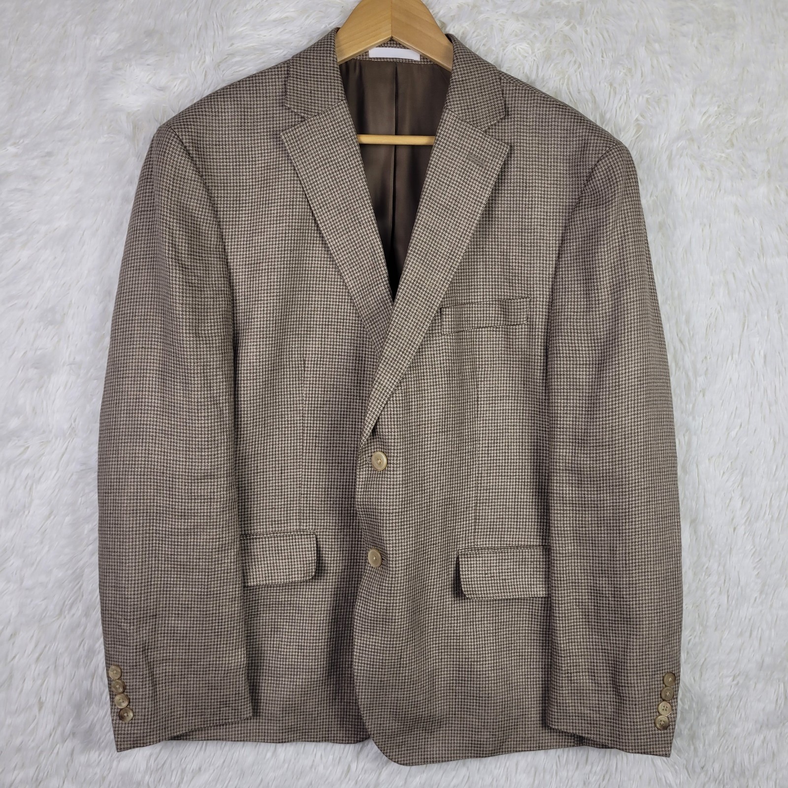 Lauren Ralph Lauren Mens 44S Tan Houndstooth 100% Linen Blazer Sport Coat Jacket