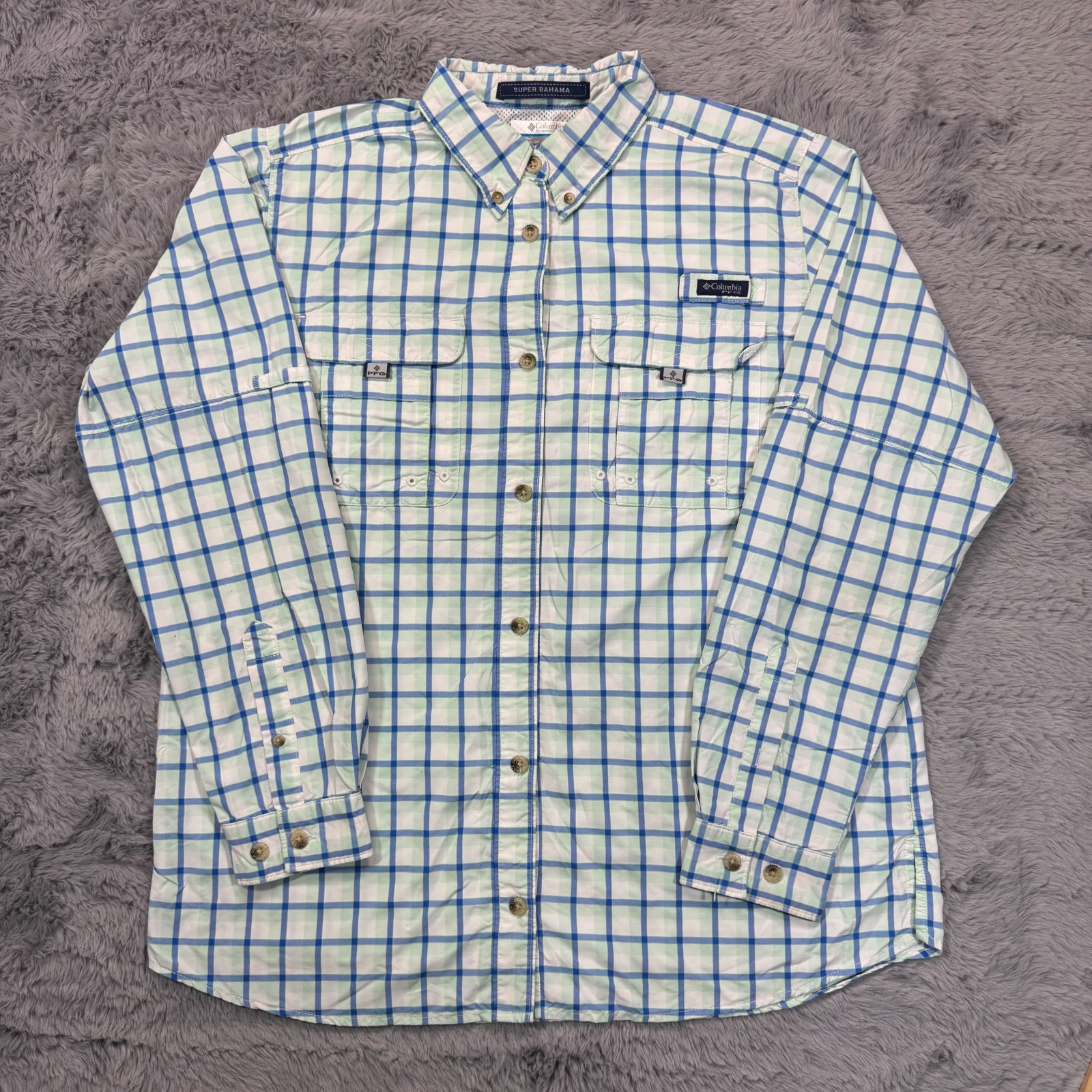 Columbia PFG Super Bahama Button-Down Shirt Women’s L Green Plaid Nylon Fishing