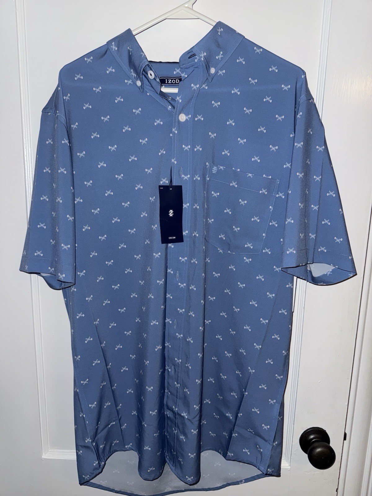 Izod NWT Shirt Men’s LT Short Sleeve Button Down Fishbone Pattern Blue